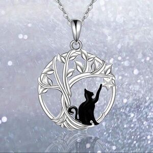 Black Cat Pendant, Black Cat Necklace, Cat In Tree Necklace, Cat Lover Gift